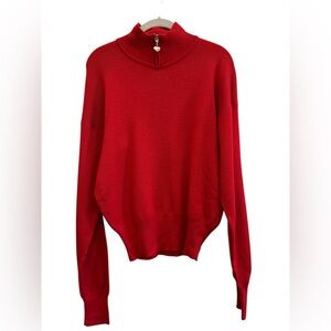Obermeyer Red Wool Blend Ski Sweater Heart Zip Mock Neck Vintage Ski Chic -Small